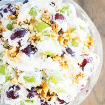 Creamy Grape Salad in Glass Bowl.