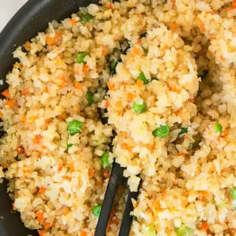 Easy One Pot Cauliflower Fried Rice With Black Spoon.