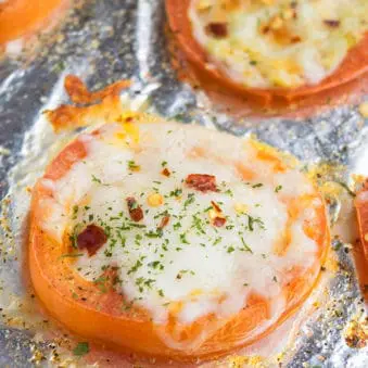 One Pan Oven Roasted Tomatoes With Cheese on Foil Tray.