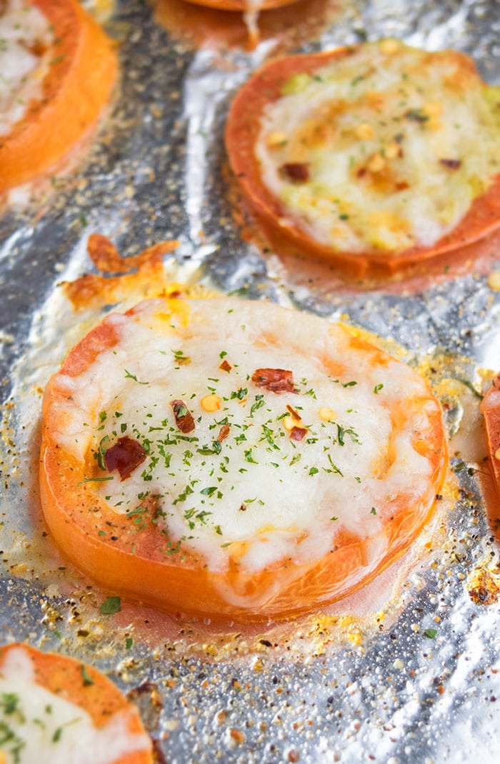 One Pan Oven Roasted Tomatoes With Cheese on Foil Tray.