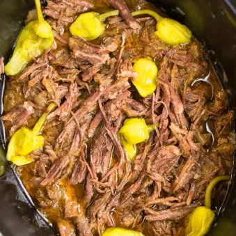 Easy Slow Cooker Mississippi Pot Roast- Overhead Shot.