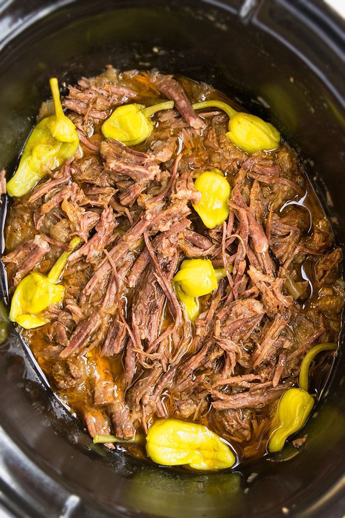 Easy Slow Cooker Mississippi Pot Roast- Overhead Shot.