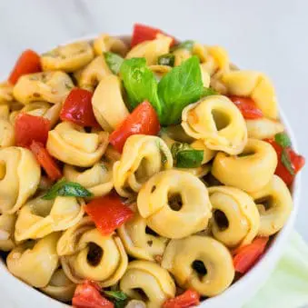 Easy One Pot Italian Tortellini Salad in White Bowl.