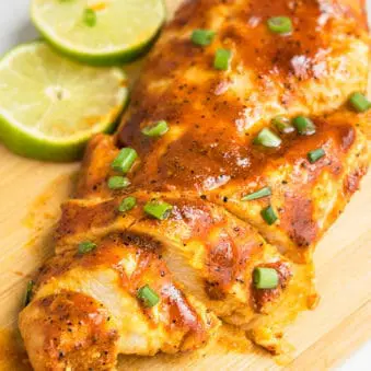 Easy One Pot Chili Lime Chicken on Wood Cutting Board.