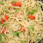 Easy One Pot Basil Pesto Pasta With Tomatoes- Overhead Shot.