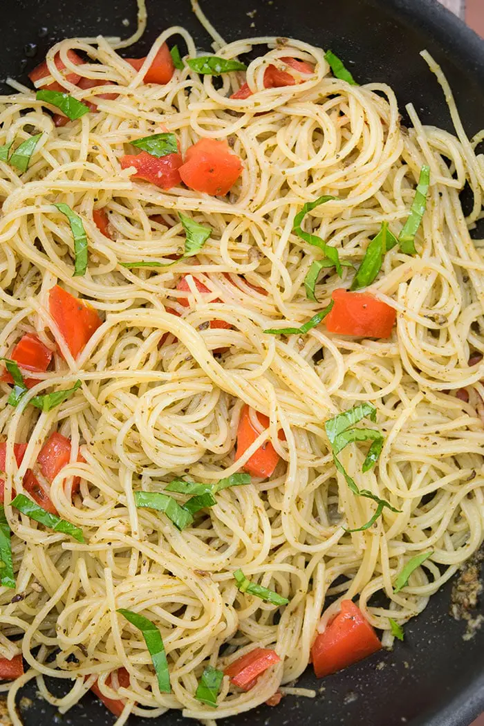 Easy One Pot Basil Pesto Pasta With Tomatoes- Overhead Shot.