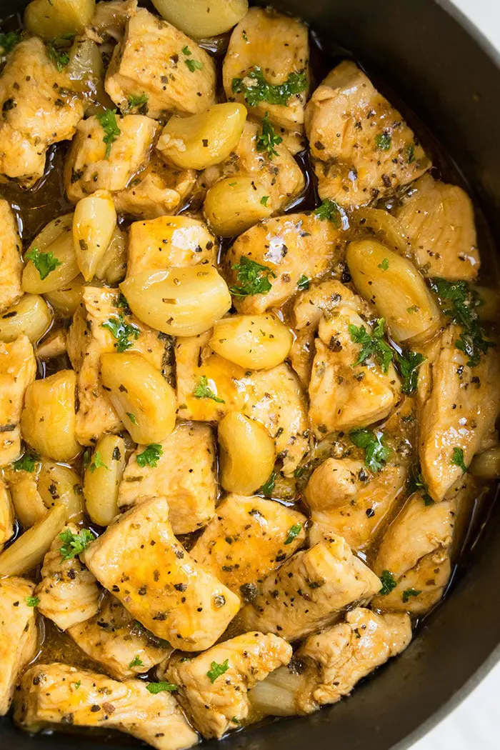 Easy One Pot 40 Cloves Garlic Chicken- Overhead Shot.