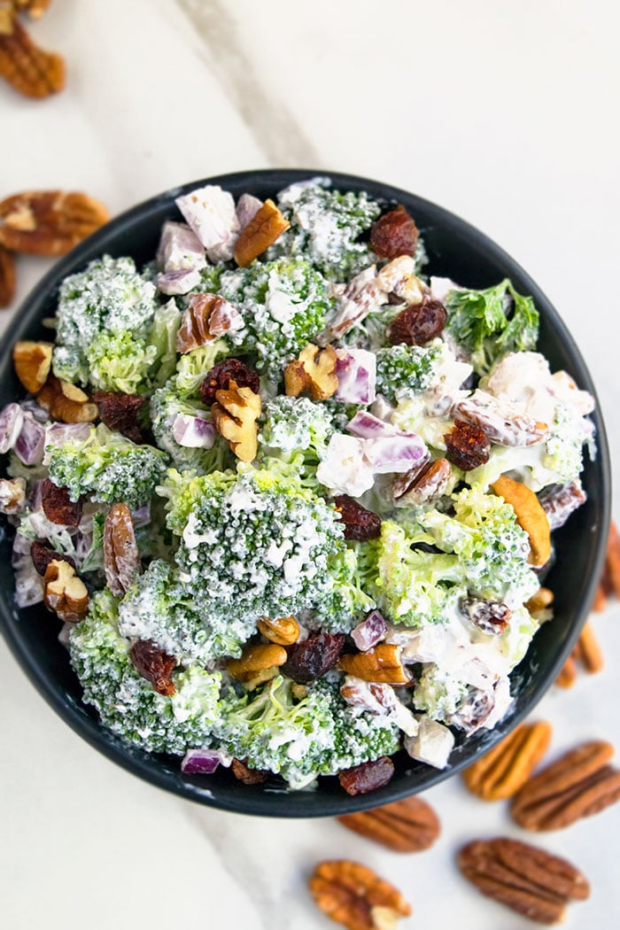 broccoli salad recipe bowl easy raisin recipes cranberry dressing simple ingredients raisins salads onepotrecipes quick mixed already been last