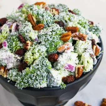 Easy Creamy Broccoli Salad with Cranberries and Pecans in Black Bowl.