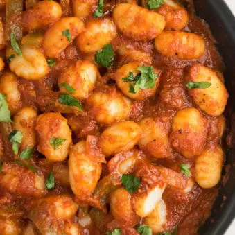 Easy One Pot Tomato Gnocchi Sauce- Overhead Shot.