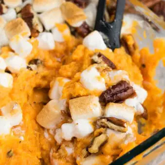 Spoonful of Easy One Pot Sweet Potato Casserole With Pecans and Marshmallows.