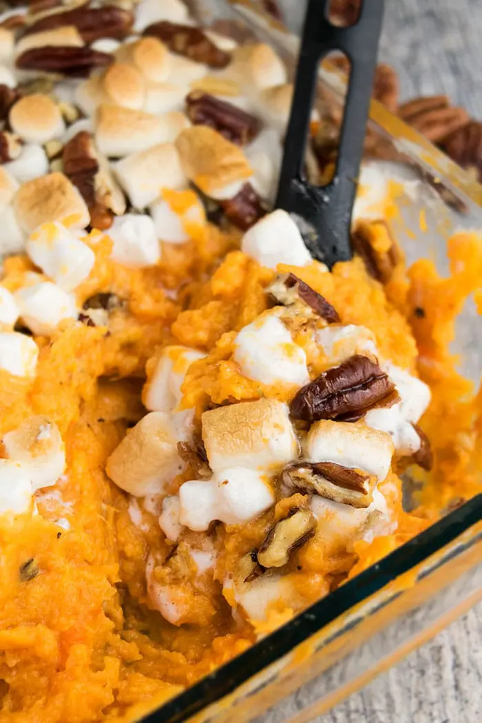 Spoonful of Easy One Pot Sweet Potato Casserole With Pecans and Marshmallows. 