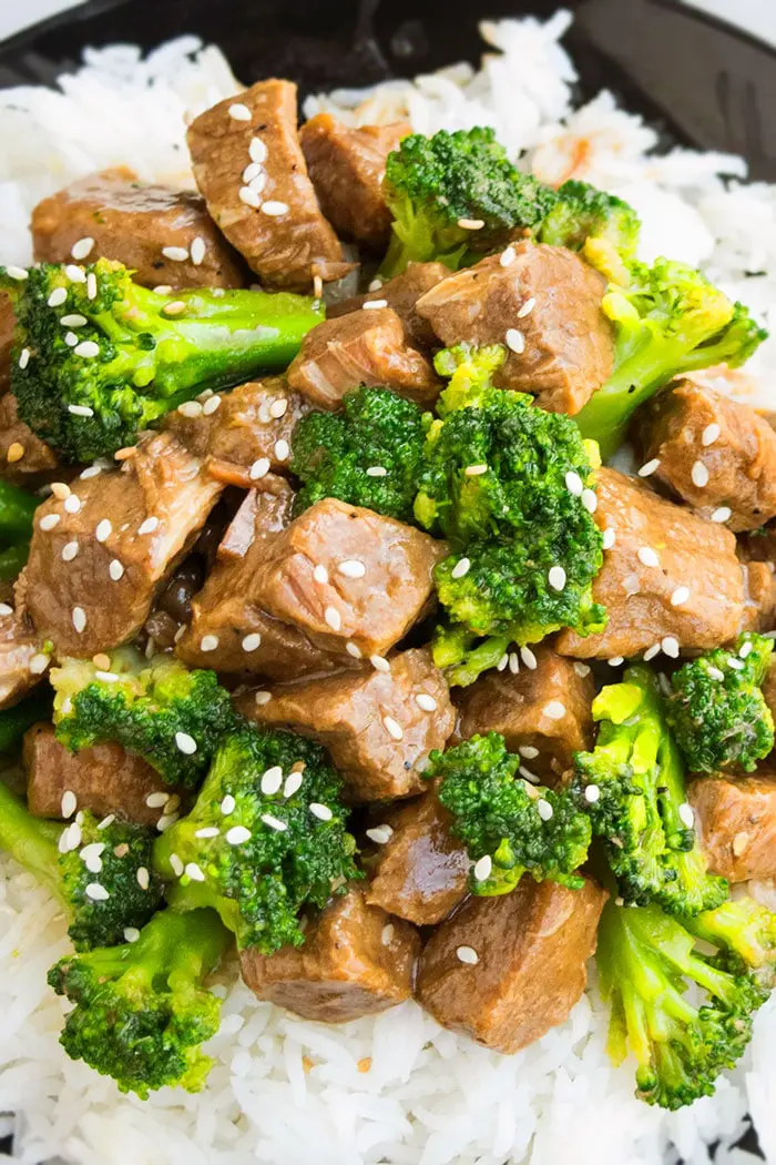 Closeup Shot of Asian Beef With Sesame Seeds Topping. 