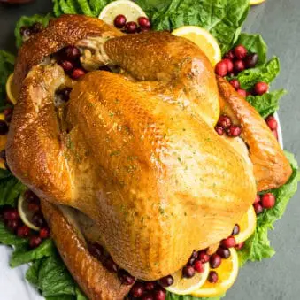 Best Easy One Pan Thanksgiving Turkey in White Dish With Greens and Cranberries.