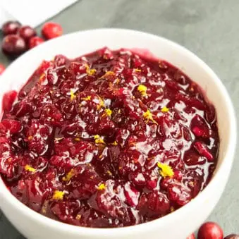 Easy One Pot Cranberry Sauce in White Bowl.