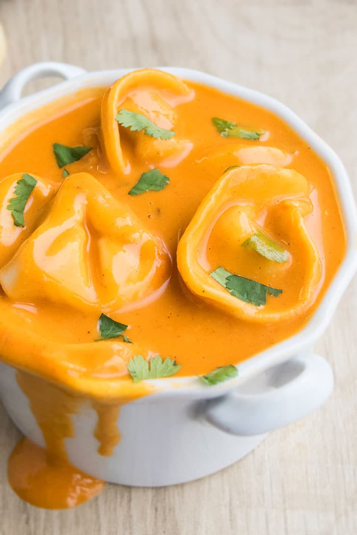 Tomato Based Soup in White Bowl With Parsley Topping. 