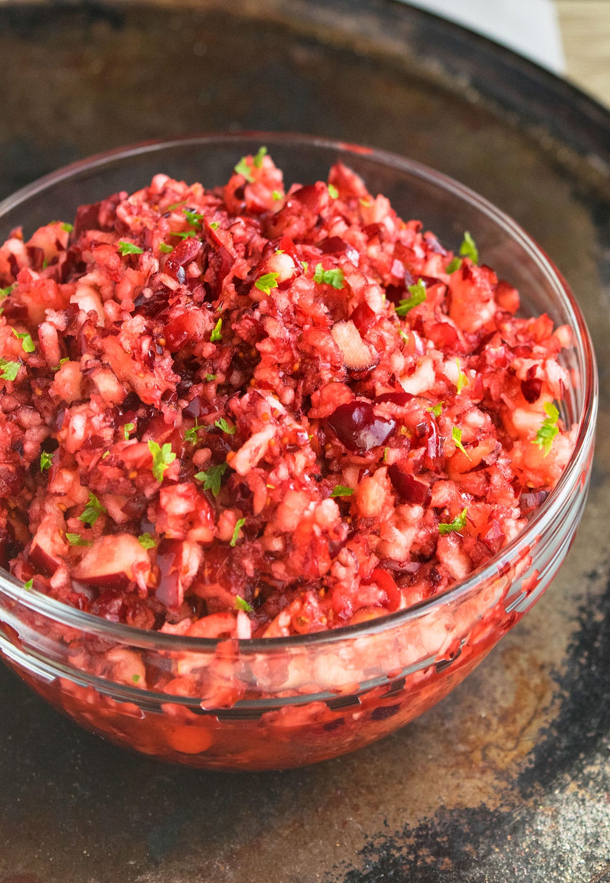 Easy One Pot Fresh Christmas Relish in Glass Bowl. 
