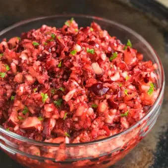 Easy One Pot Fresh Cranberry Relish in Glass Bowl.