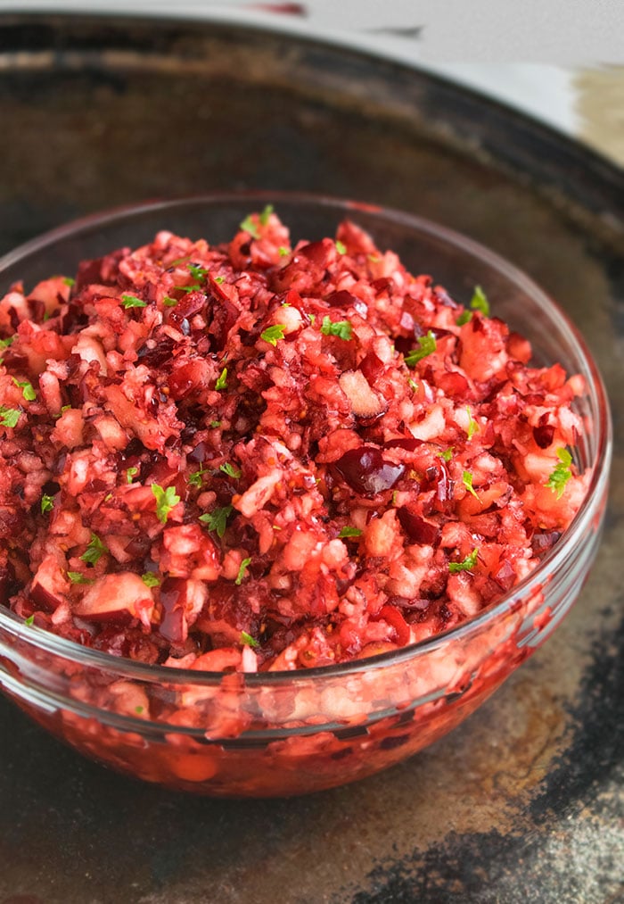 Easy One Pot Fresh Cranberry Relish in Glass Bowl. 