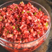 Easy One Pot Fresh Cranberry Relish in Glass Bowl.