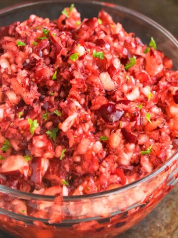 Easy One Pot Fresh Cranberry Relish in Glass Bowl.