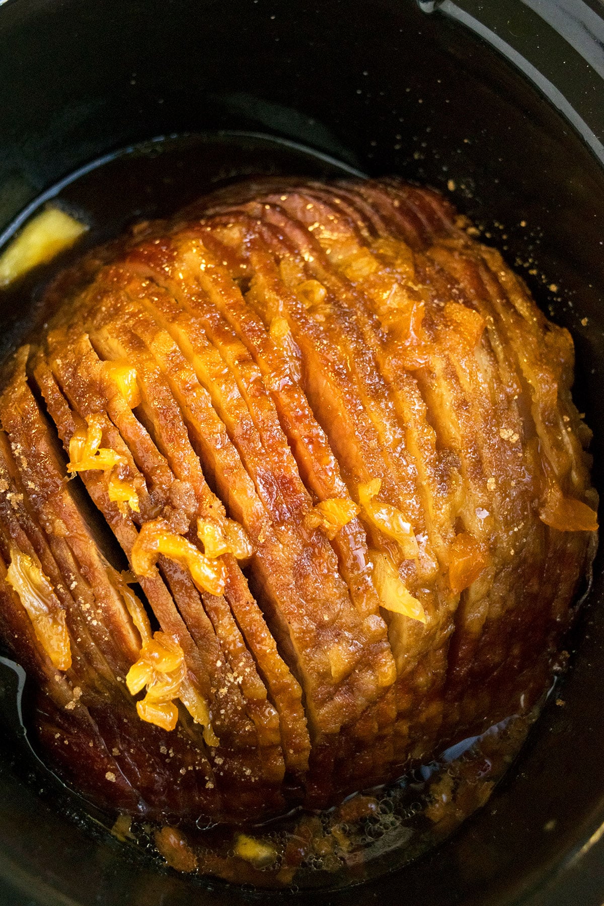 Easy slow cooker ham with pineapples and brown sugar- Overhead shot.