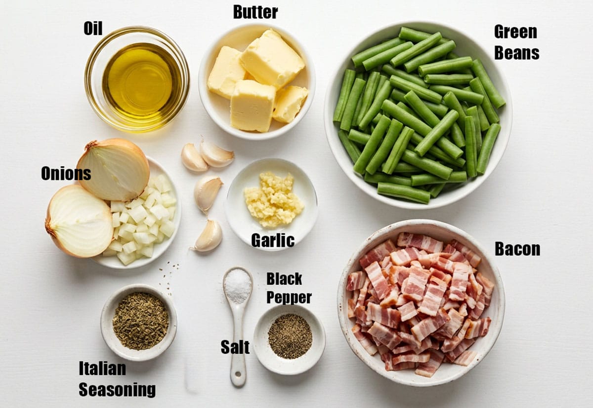 Ingredients for recipe on white background- beans, butter, oil, spices, onions.