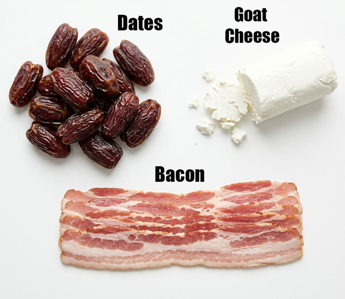 Ingredients for recipe on white background- dates, cheese and more.
