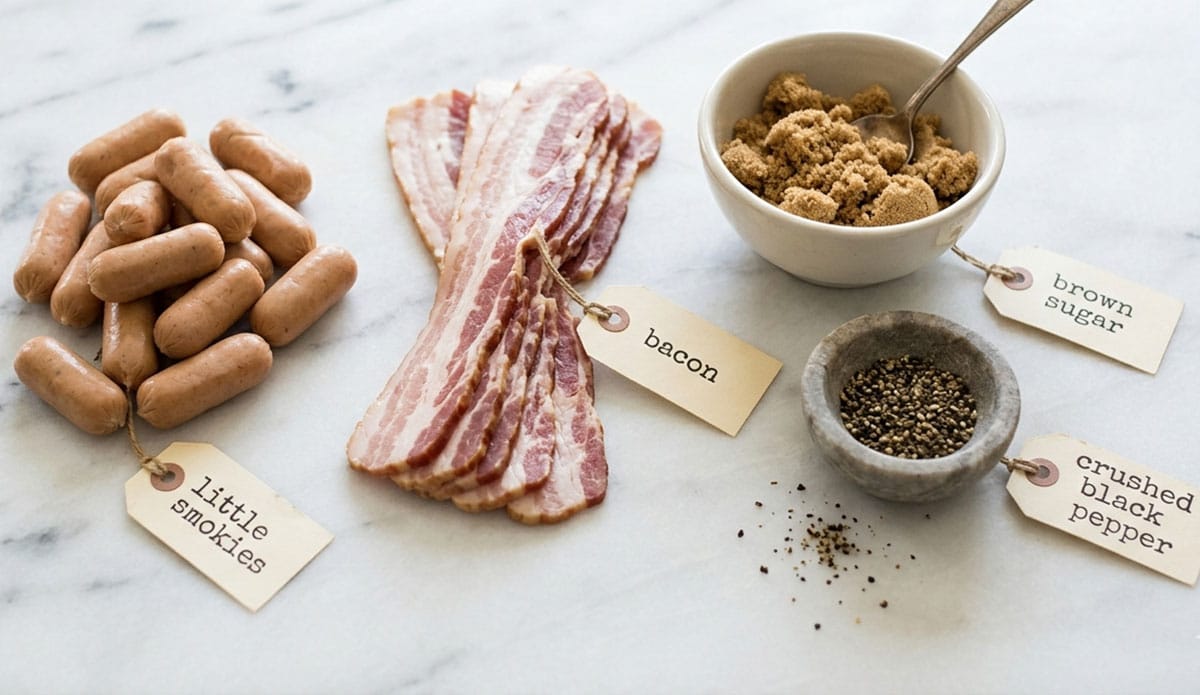 Ingredients for recipe on white marble background- brown sugar, bacon strips, mini sausages, pepper. 