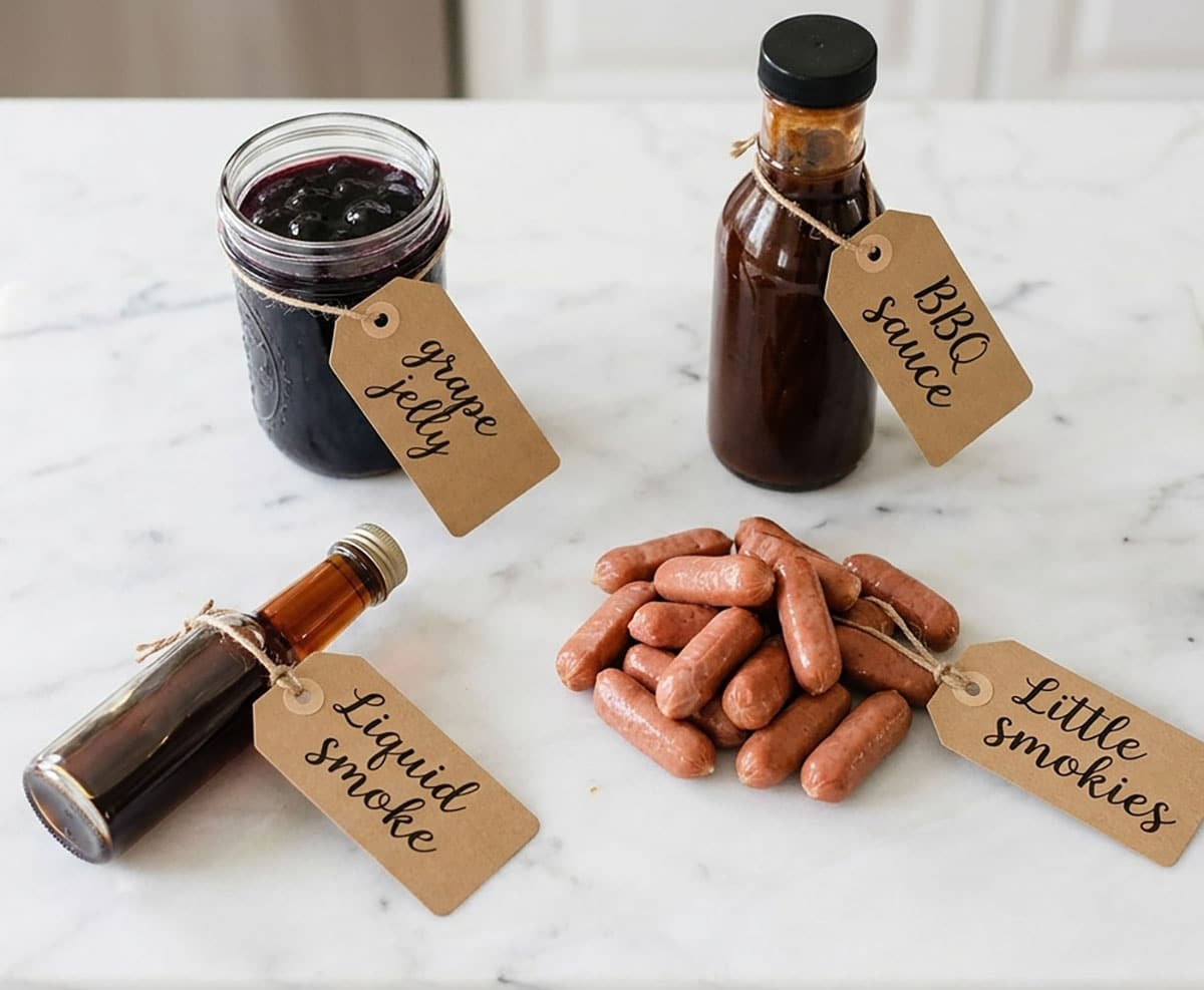 Ingredients for recipe on white marble background- mini sausages, bbq sauce, grape jelly, liquid smoke. 