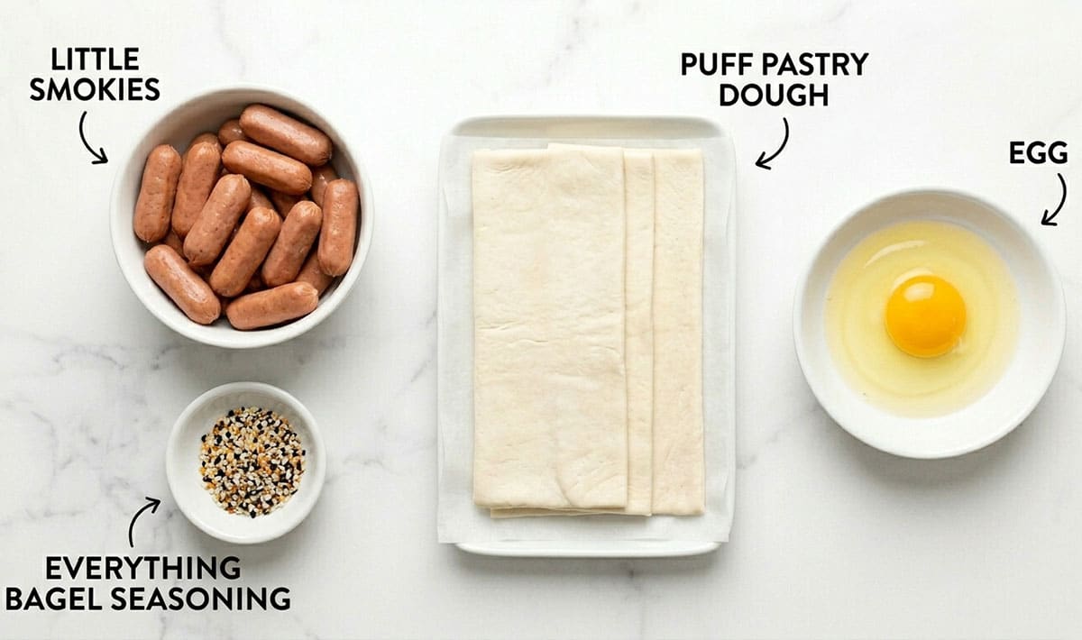 Ingredients for recipe on white marble background- puff pastry, egg, seasoning, smokies.