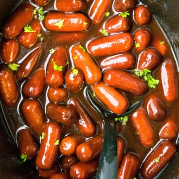 Crockpot Little Smokies or Cocktail Sausages- Overhead Shot.