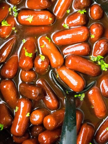 Crockpot Little Smokies or Cocktail Sausages- Overhead Shot.