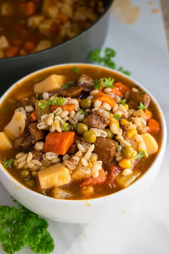 White Bowl Full of Hearty Soup. 