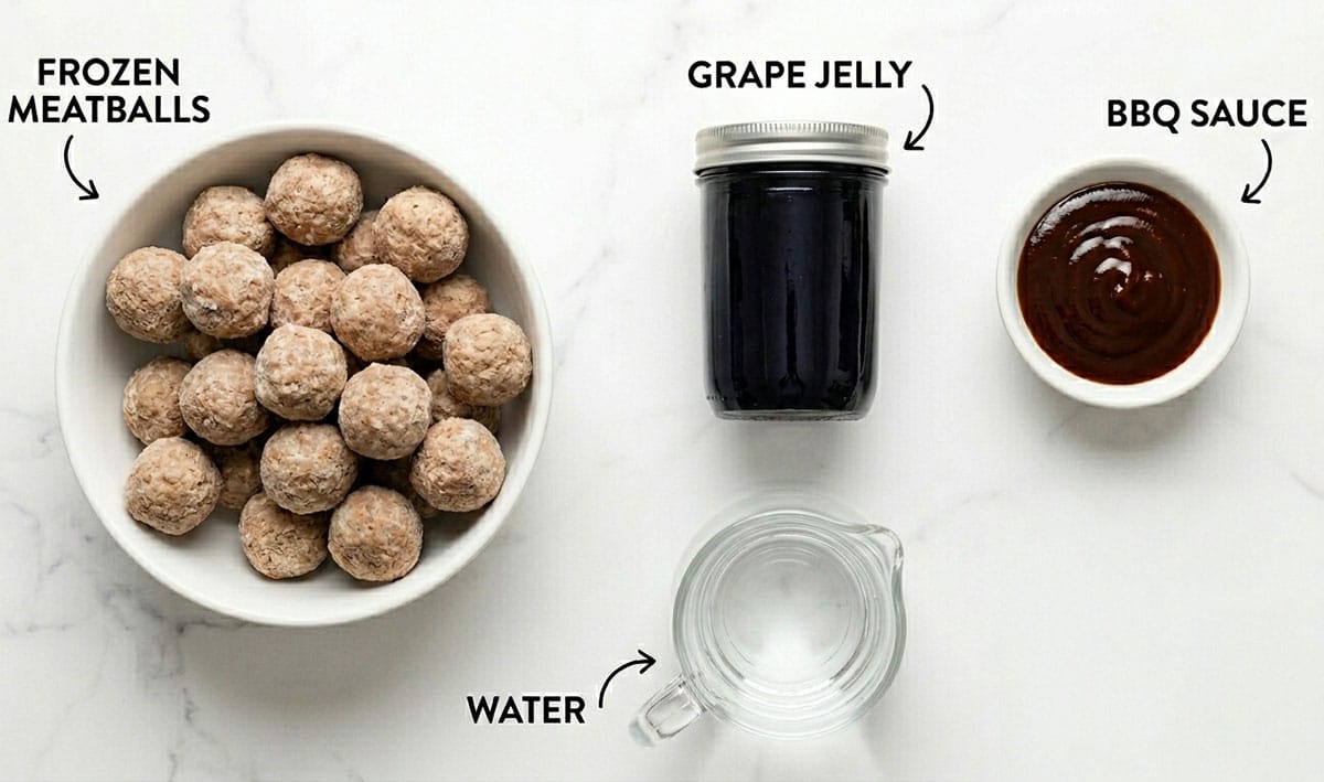 Ingredients for recipe on white marble background- frozen meatballs, bbq sauce, water, jelly.