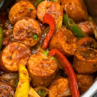 Easy Instant Pot Sausage and Peppers in Stainless Steel Pot.