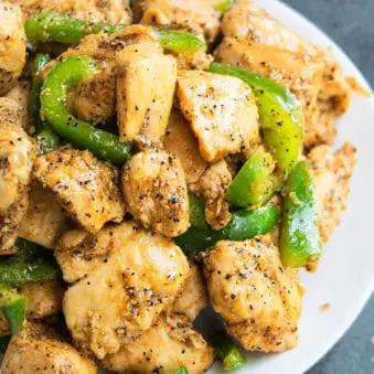 Easy One Pot Black Pepper Chicken in White Dish.