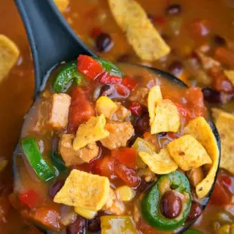 Spoonful of Easy Chicken Tortilla Soup Recipe- Closeup Shot.