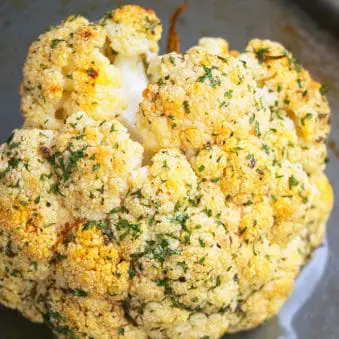 Easy Whole Roasted Cauliflower on Sheet Pan.