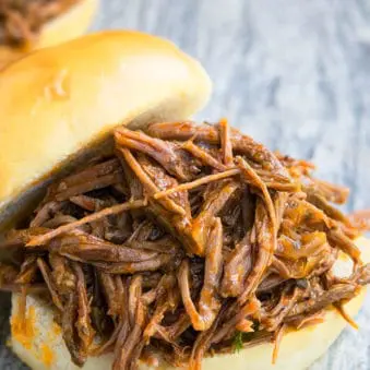 Easy One Pot BBQ Shredded Beef in Burger Buns.