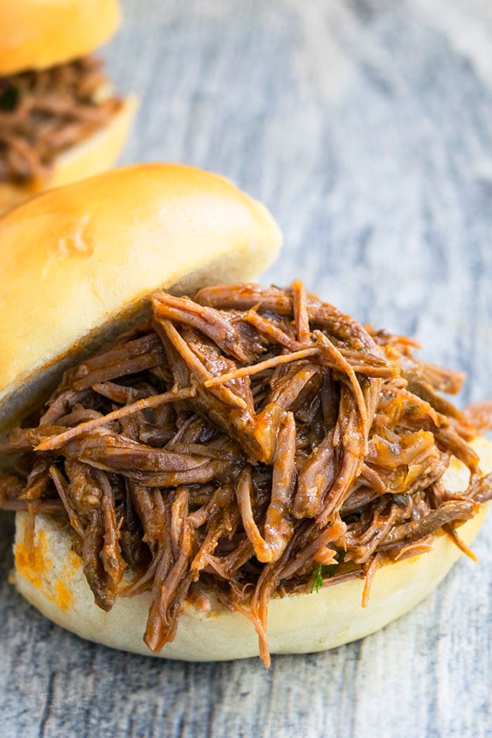 Easy One Pot BBQ Shredded Beef in Burger Buns.