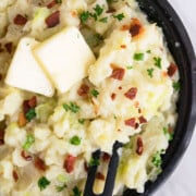 Easy one pot colcannon (Irish mashed potatoes with cabbage) in black nonstick pan- Overhead shot.