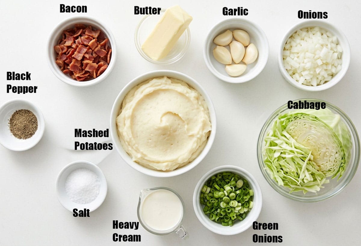 Ingredients for recipe on white background- mashed potatoes, cabbage, bacon, spices, heavy cream, onions, butter, garlic. 