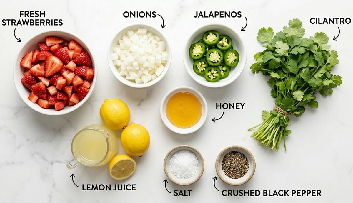 Ingredients for recipe on white marble background- strawberries, onions, jalapenos, cilantro, honey, lemon juice, spices. 