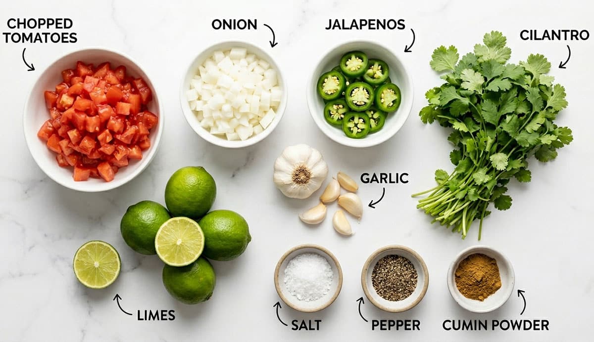 Ingredients for recipe on white marble background- tomatoes, onions, jalapenos, cilantro, spices, limes.