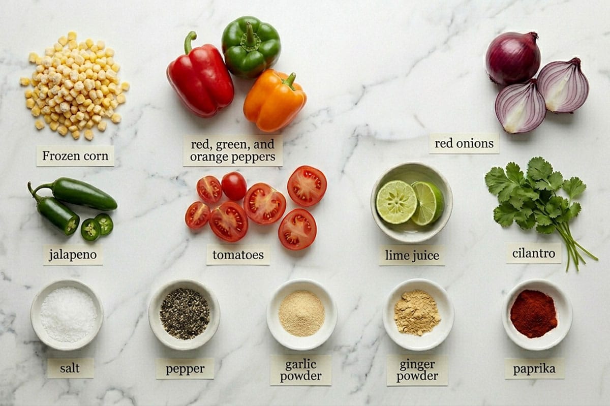 ingredients for recipe on white marble background- Corn, peppers, onions, cilantro, tomatoes, jalapenos, spices, limes. 