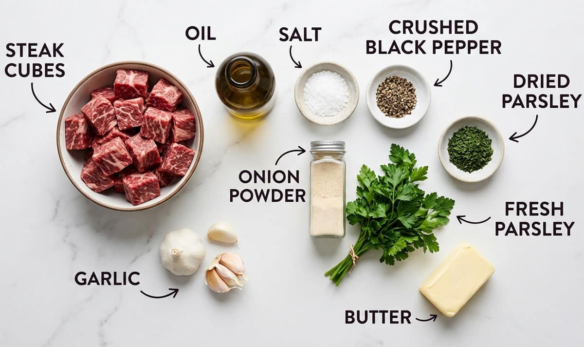 Ingredients for recipe on white marble background- oil, seasonings, steak, butter, garlic.