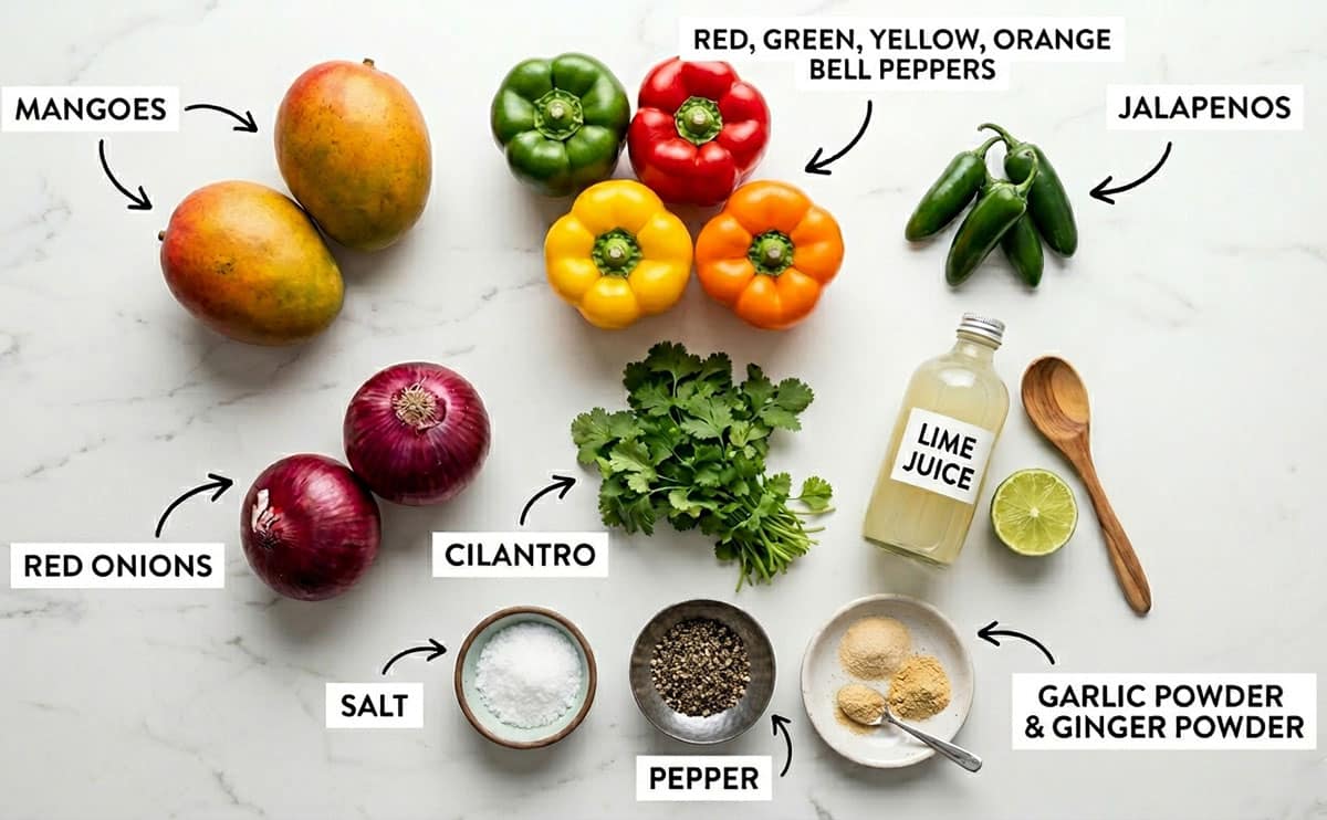 Ingredients for recipe on white marble background- peppers, jalapenos, mangoes, lime juice, spices, cilantro, onions. 