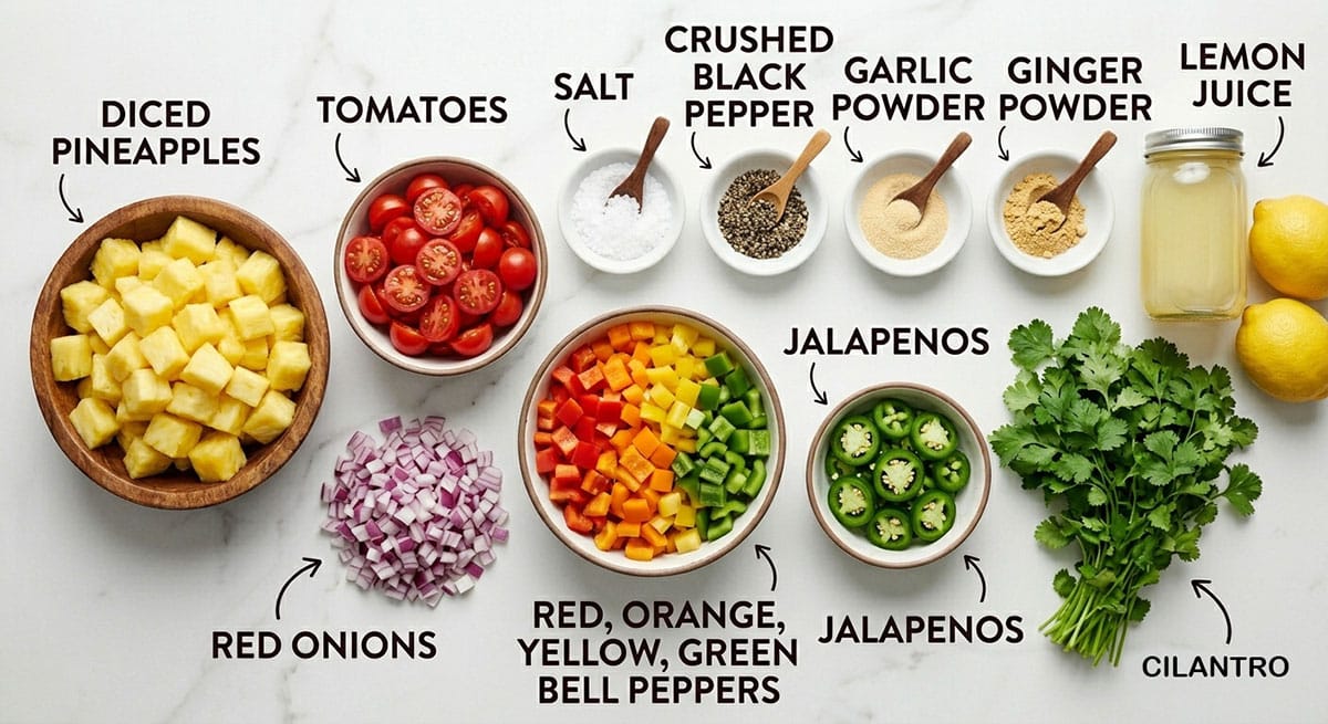 Ingredients for recipe on white marble background- Spices, cilantro, pineapples, tomatoes, onions, lemon juice, peppers, jalapenos.