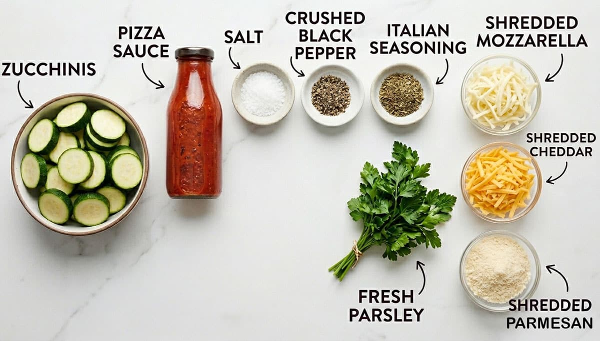 Ingredients for recipe on white marble background- variety of shredded cheese, seasonings, pizza sauce, zucchini. 